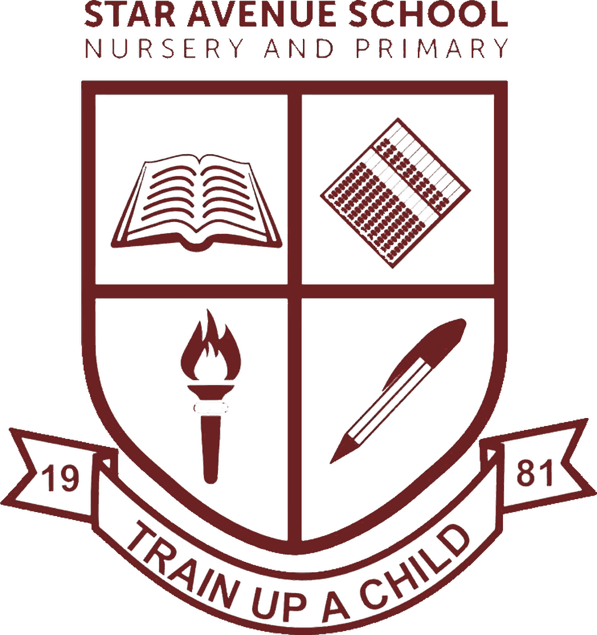 The Star Avenue School crest: a quartered shield carrying a book, an abacus, a torch and a pencil, over a ribbon reading "Train up a child" and the year 1981
